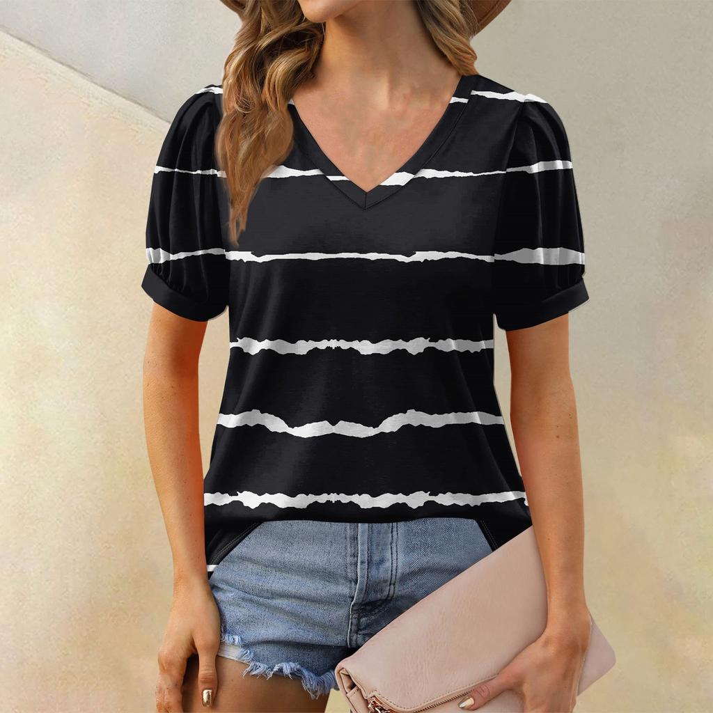 Women's Fashion Striped Printed Top Puff Short Sleeve V-neck T-shirt Loose Casual T-shirt