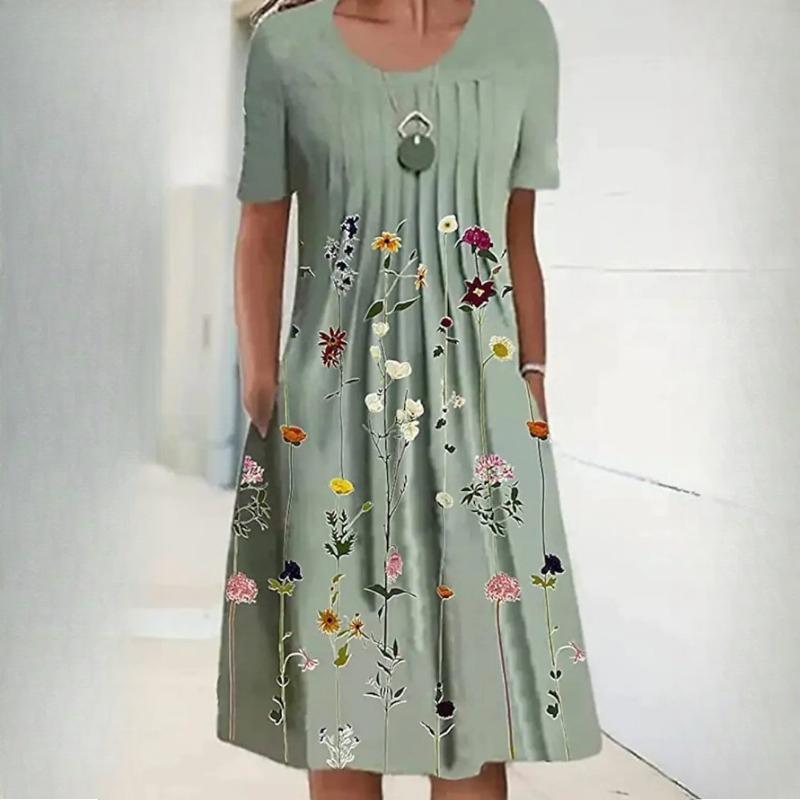 Женская мода лето весна однотонный принт с коротким рукавом и круглым вырезом с высокой талией повседневные платья