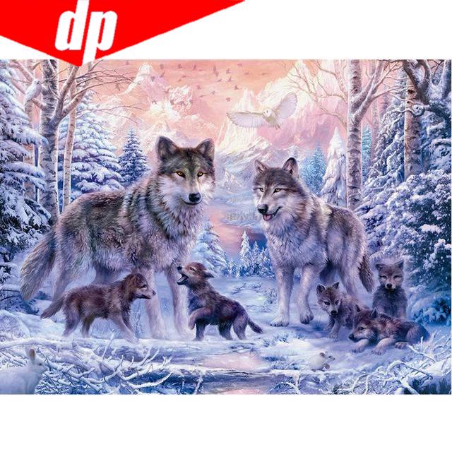 5D Diamond Mosaic Full Diamond Embroidery "Wolf Family In Snow"Diy Cross Stitch Round Diamond