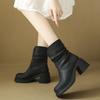 Fashion New Fashion Modern Boots Womens Thick High Heel Shoes Black/Khaki Round Toe Real Leather Pleated Knee-High Slip-On Knight Boot