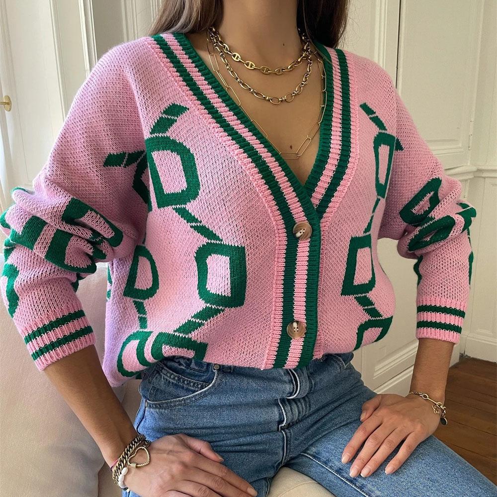 Women Autumn Winter Vintage Loose Long Sleeve Top Multicolor Cardigan Knitwear V-Neck Single Breasted Buckle Sweater Jacket