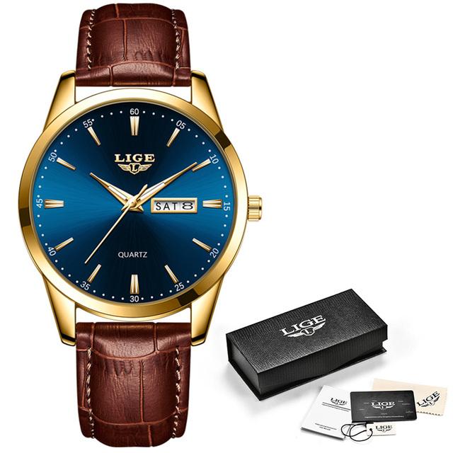 LIGE Лучший бренд, мужские кожаные деловые часы с датой, водонепроницаемые светящиеся часы, мужские роскошные спортивные водонепроницаемые кварцевые наручные часы