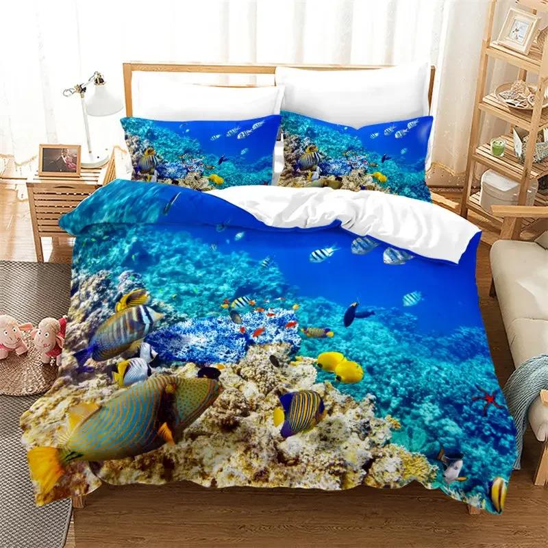 Kids Cartoon Ocean Fish Duvet Cover Microfiber Marine Theme Bedding Set Sea Underwater World Quilt Cover Queen For Boys Girls