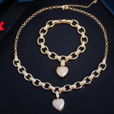 WWJ 2PCS Роскошный желтый золотой цвет Love Heart Подвеска Ожерелье Наборы браслетов