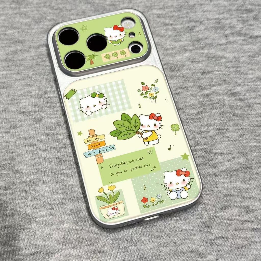 Зеленый Чехол для Телефона Hello Kitty Совместимый с Apple 17 Pro Max с Серебристой Рамкой и Полным Покрытием