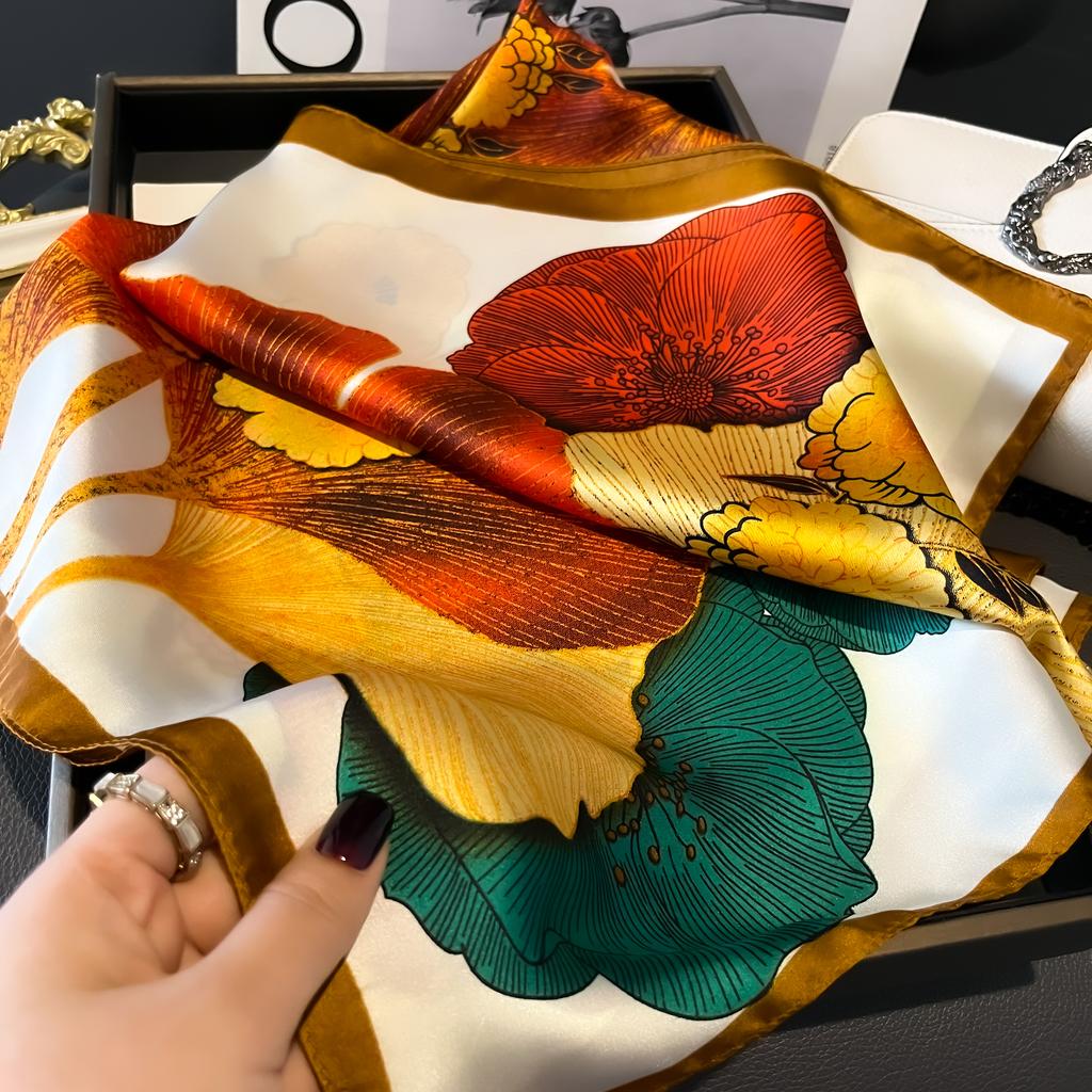Luxury Floral Print Silk Square Scarf Women Soft Satin Kerchief Hairband Neckerchief Head Hijab Lady Headband Foulard Bag Ribbon