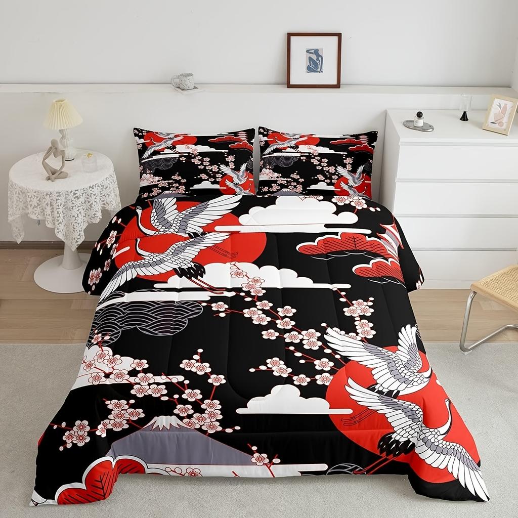 Erosebridal 2/3 предмета Комплект одеяла в японском стиле Принт журавлей Декор цветущей сакуры Одеяло Японский традиционный узор