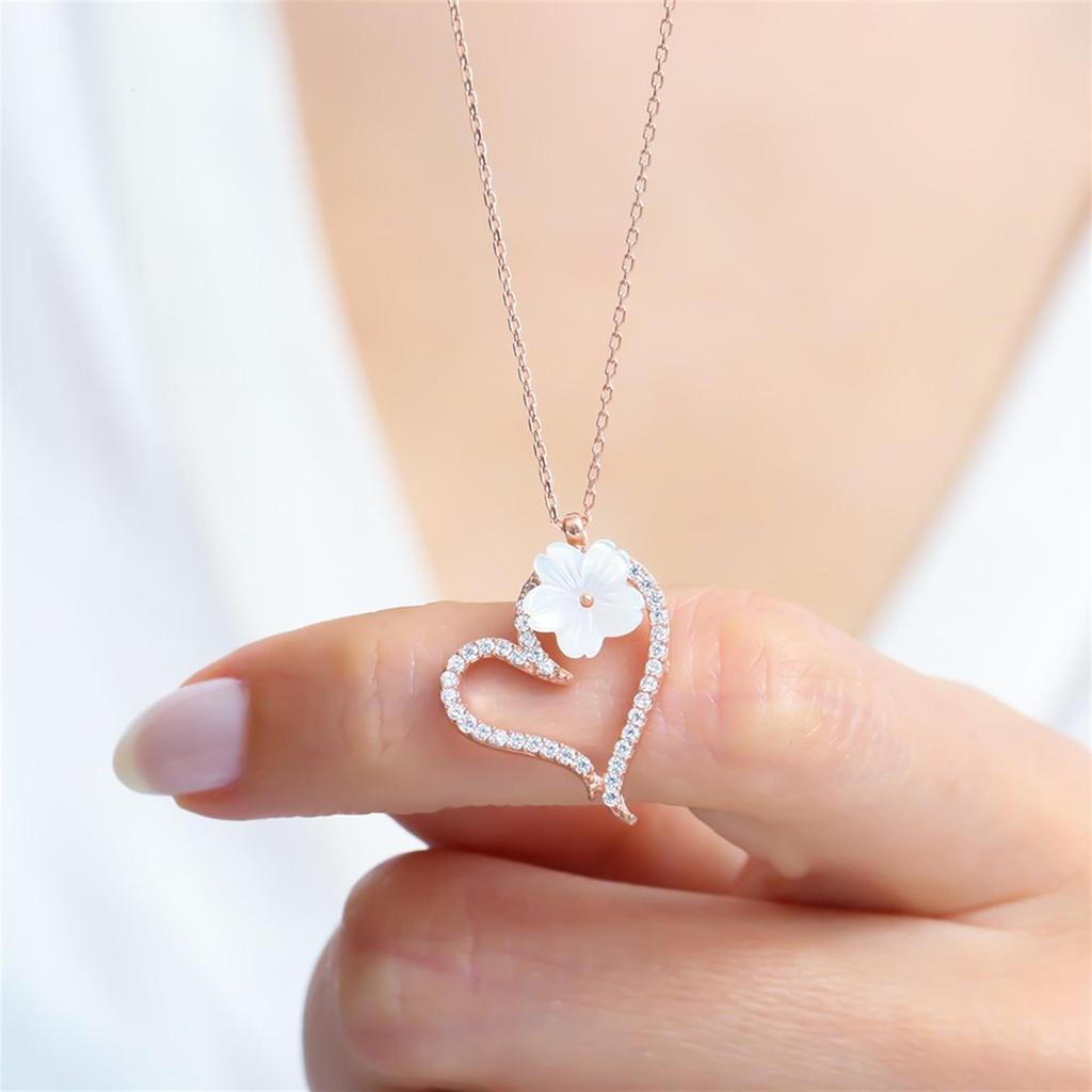 Sparkling Heart Magnolia Flower Rose Color Silver Necklace