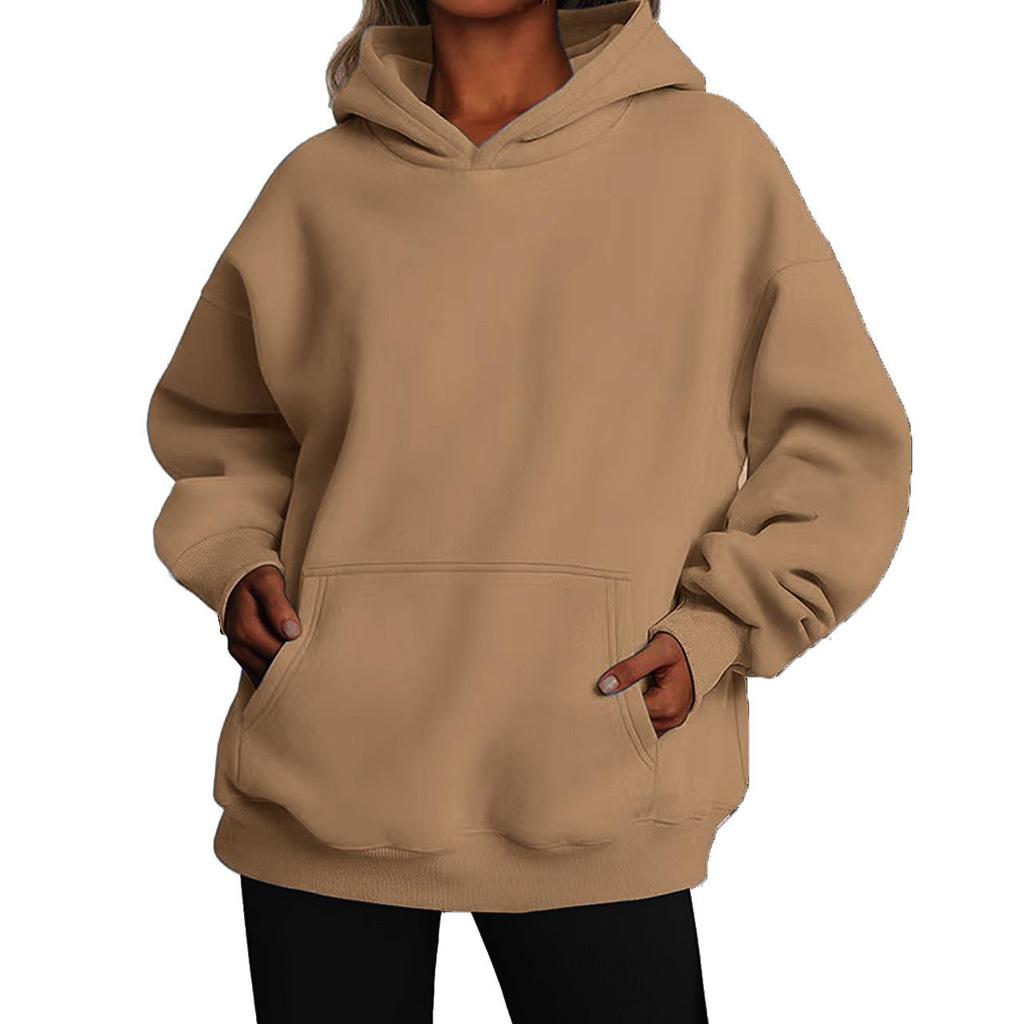 Women's Solid Color Fleece Hooded Sweatshirt - Autumn/Winter, Long Sleeve, Street Hip-Hop Style, Loose Fit, with Pockets.