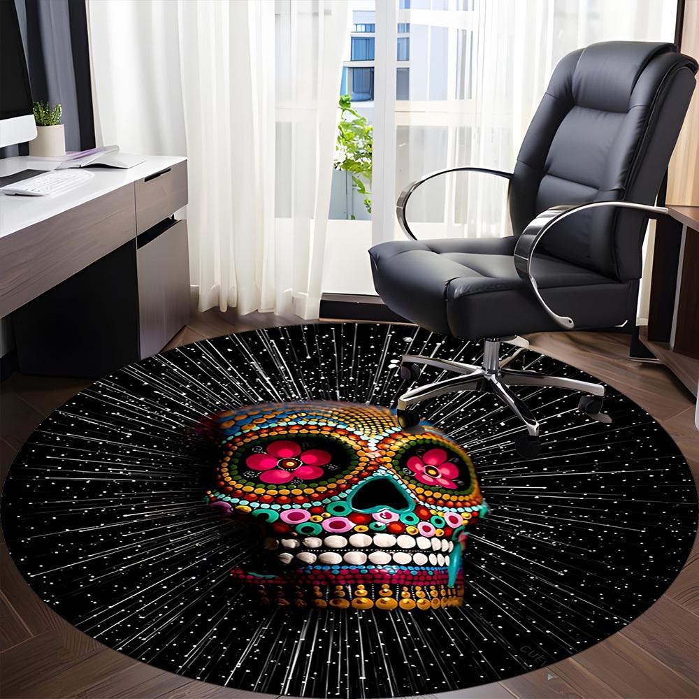 1PC Sugar Skull, Day of the Dead Office Round Area Rug,  Mat Suitable ForOffice, Under Office Chairs Bedroom Living Room Home Decor, Room Deco