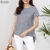 Женская повседневная блузка с клетчатым принтом, круглым вырезом и короткими рукавами, с неровным низом