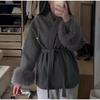 Lace-Up Short Overcoat Women's Coat Office Lady Elegant Woolen Furry Patchwork Long Sleeve Coats 2025 New Loose Cardigan Jackets
