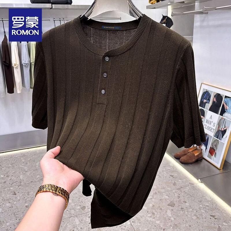 ROMON Men's Henley Knitted Short Sleeve T-Shirt