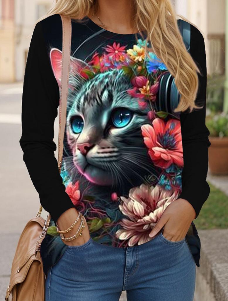 Women's T Shirts 3D Print Art Design Cat Pattern Long Sleeve Daily Weekend Fashion Funny Round Neck Regular Fit Spring & Fall