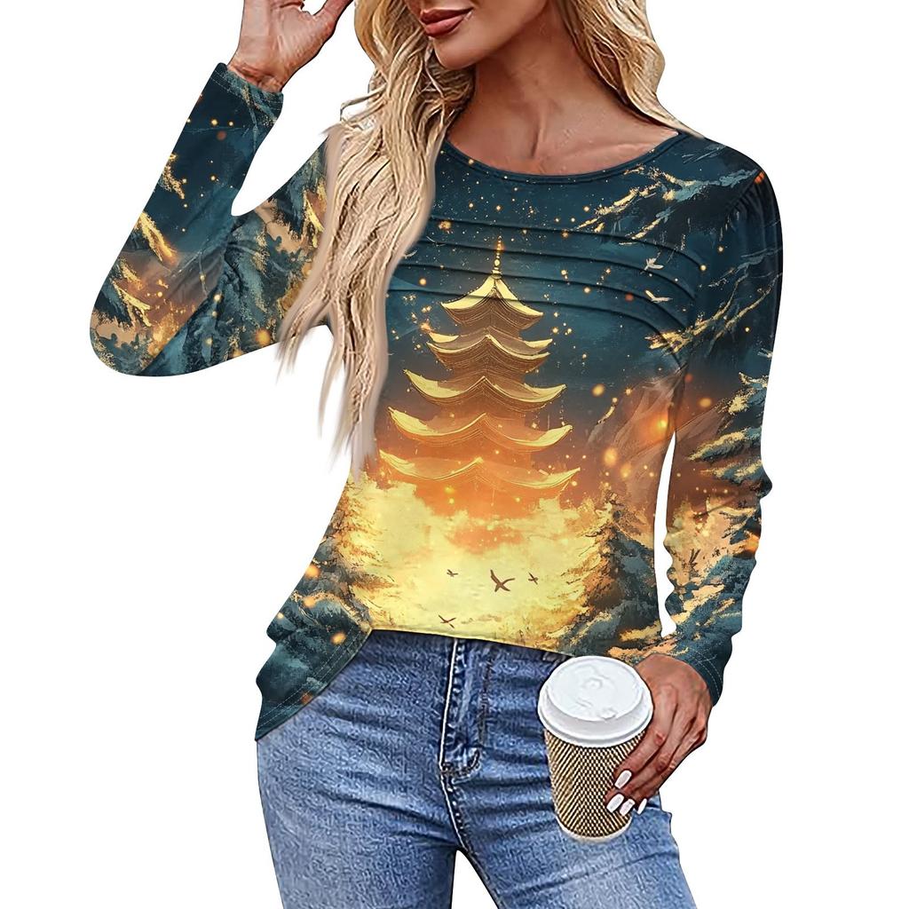 Женская повседневная модная футболка с круглым вырезом и длинными складками на Рождество