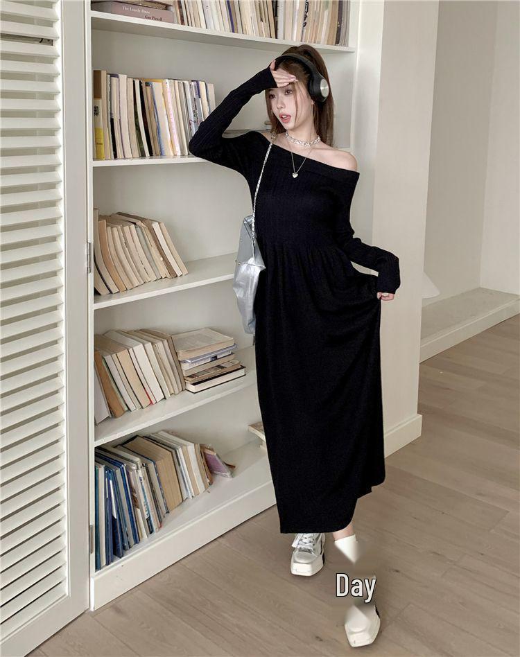 Женское французское трикотажное платье-свитер с длинным рукавом на одно плечо, приталенный осенне-зимний стиль