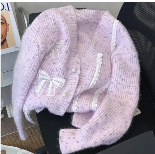 Осенне-зимняя женская нежная свободная ленивая ветровка трикотажная куртка кружевной бант свитер кардиган