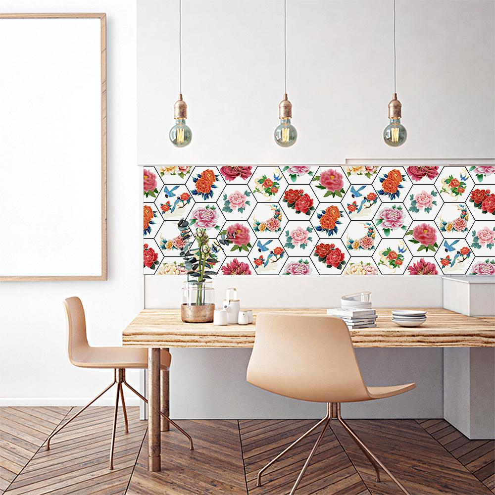 10 шт. цветы пиона шестиугольная плитка напольная наклейка на стену кухня ванная комната спальня домашний декор пилинг и; Водонепроницаемые художественные наклейки на стены