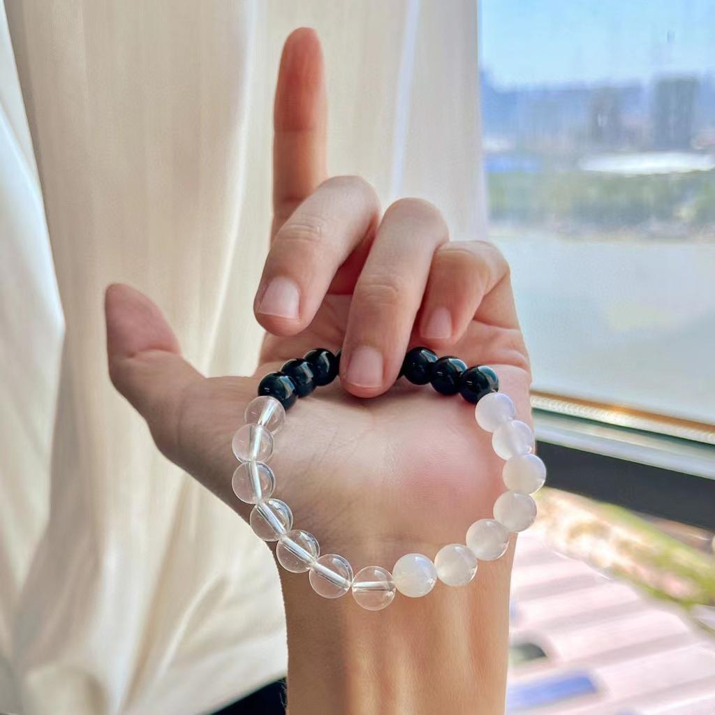 Vintage Maillard Style Natural White Crystal Black Agate White Chalcedony Bracelet