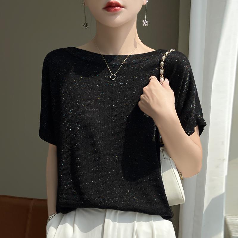 Women Knit T-shirt MODERN NEW SAGA Summer Knitted Shirt Short Sleeve Tees Slash Neck Pullover Knit Tops