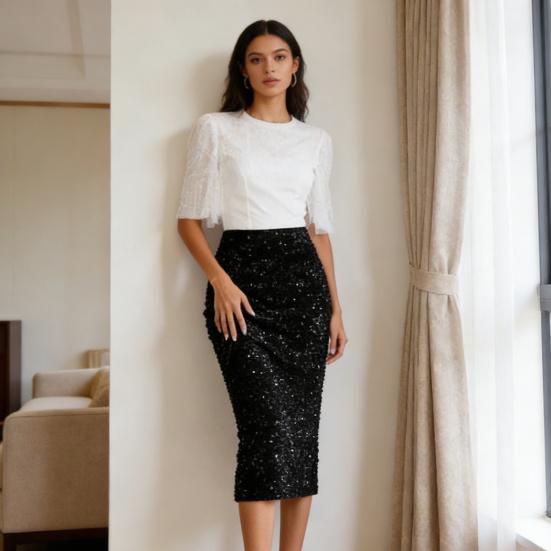 Женская юбка с высокой талией, однотонная, с отделкой пайетками, стройнящая, подчеркивающая форму ног, миди-юбка, для работы, вечеринки, повседневной носки