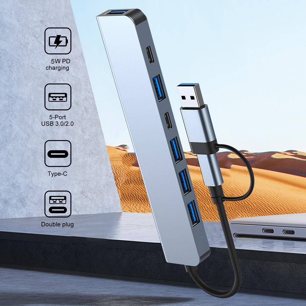 2217 USB A+USB C Hub Adapter 7 In 1 Multi Port USB Docking Station with USB3.0+USB2.0*4+PD+USB C Data Port Extension
