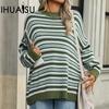 Women's Autumn and Winter Knit Striped Knit Sweater Large Size O-Neck Pullover Sweater