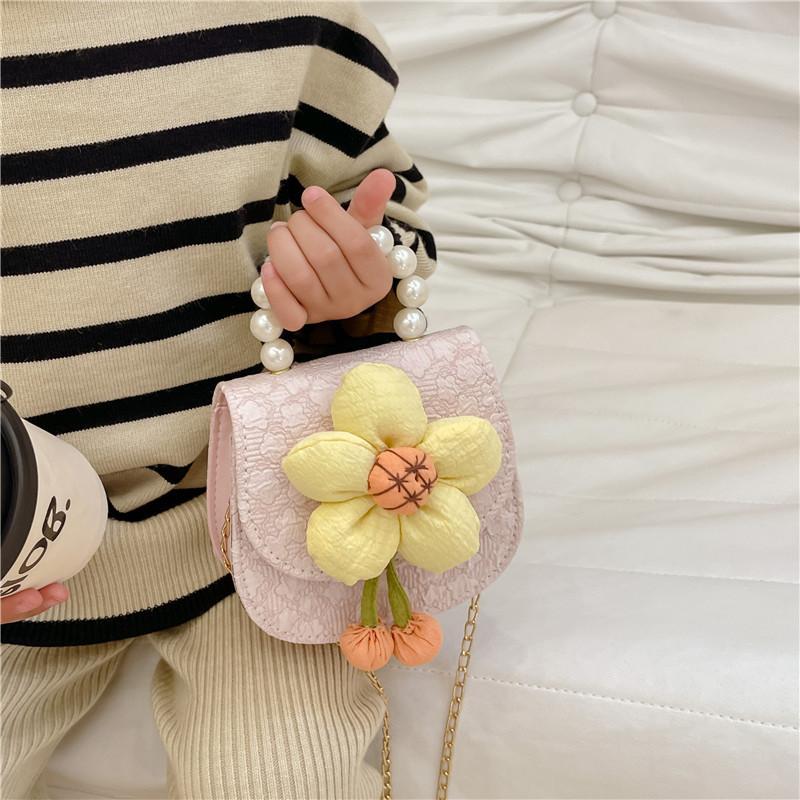 Adorable Fashionable Sunflower Pearl Chain Handbag For Girls Cute Princess Shoulder Bag Breathable Wear-resistant Pu Leather