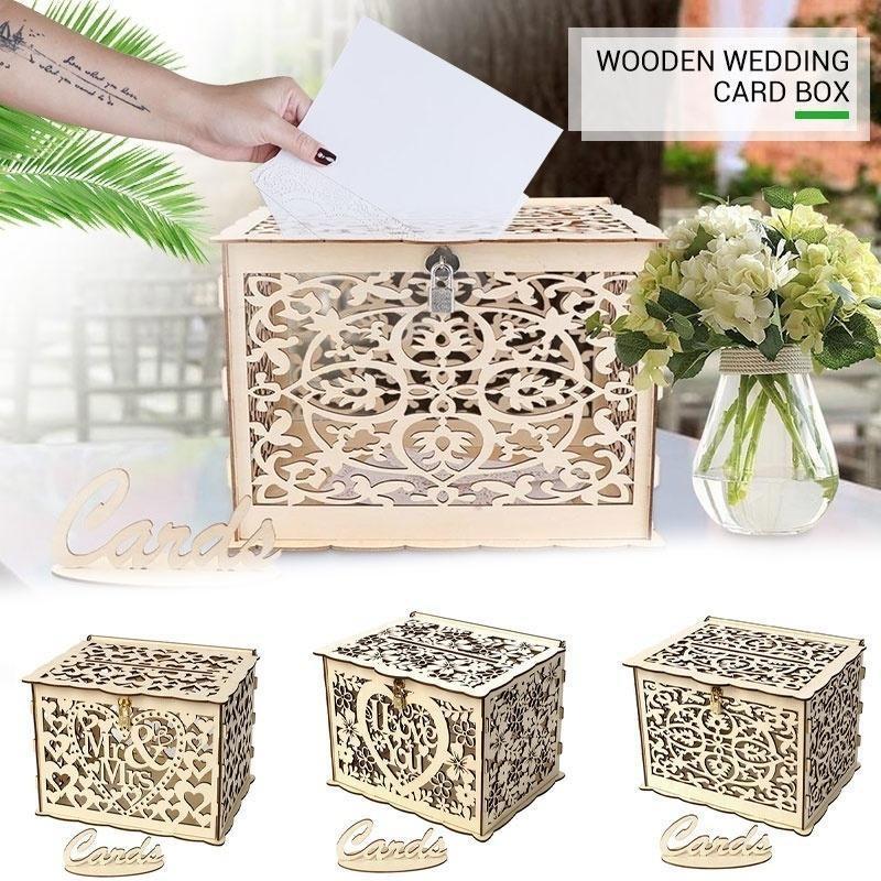 Wooden Elegant Wedding Cards Box Hollow Out Wedding Money Box with Lock for Romantic Wedding