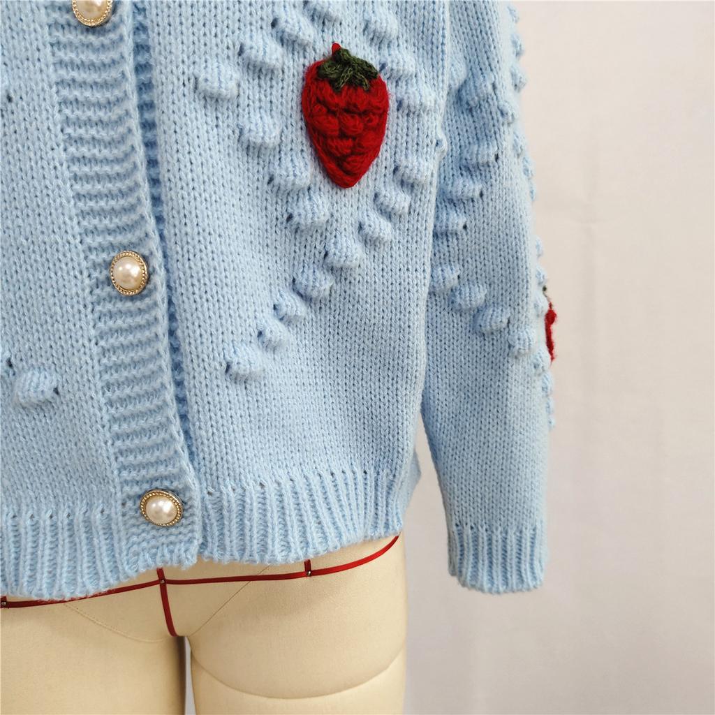 Осень и зима крючком вышивка объемная клубника жареные пончики жемчужная пуговица вязаный свитер кардиган пальто 3520 EMA