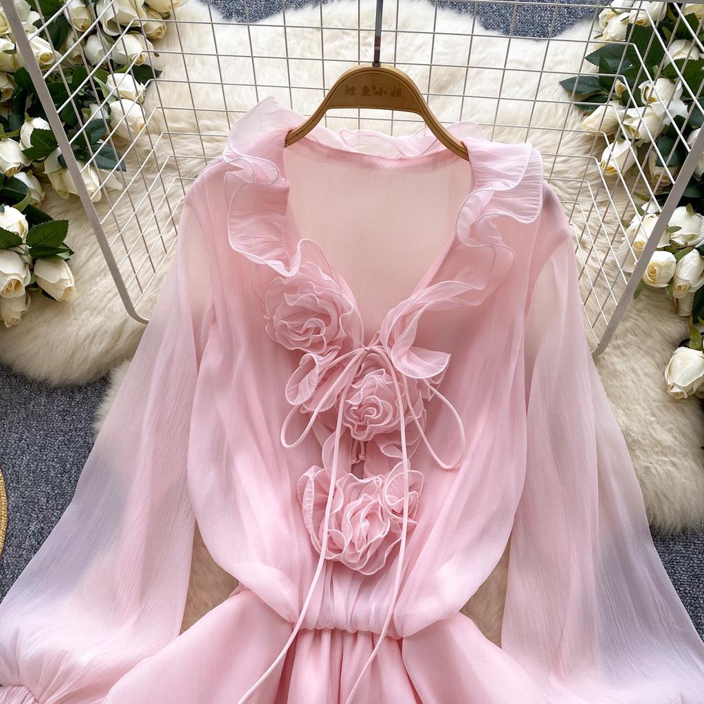 Sweet Pink 3D Floral Beach Short Dress Female Long Sleeves Lace Up Ruffle Chiffon Cake Sundress Sheer Sexy Vintage Bohemian Dress