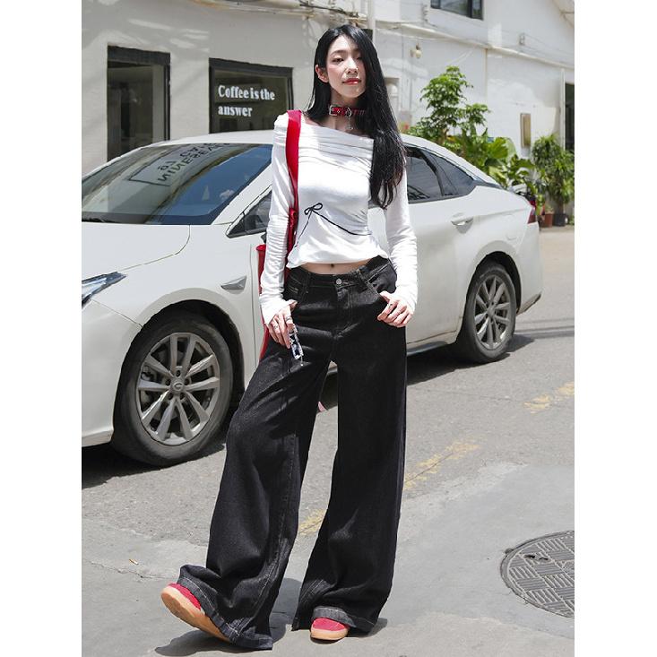 Американские джинсы High Street Wide Leg для женщин 2024 года, новые свободные стройнящие прямые брюки до пола с высокой талией