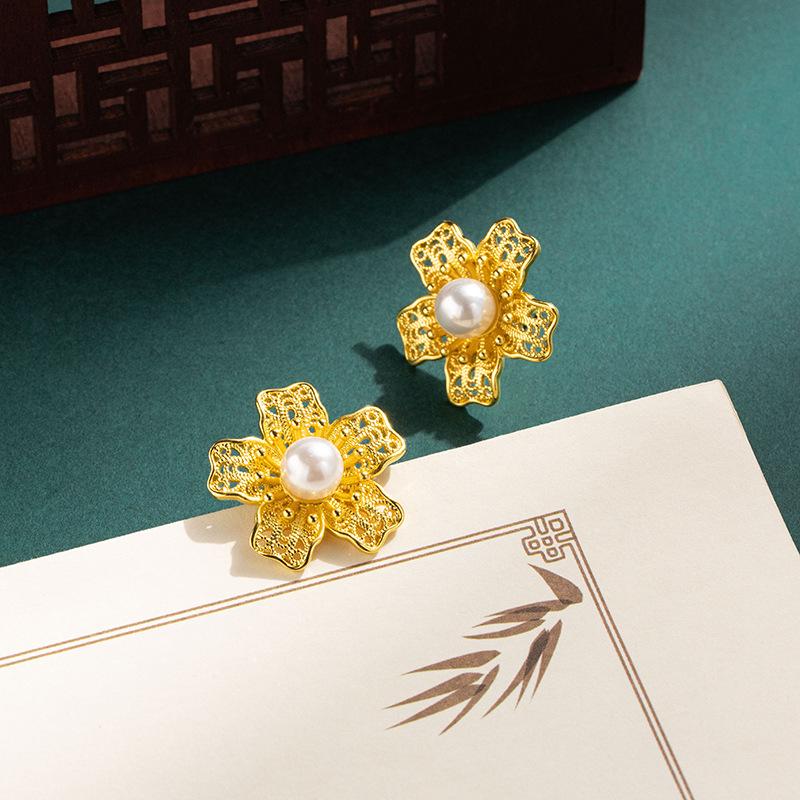 JMXD-Chinese Style Flower Silk Inlaid with Antique Earrings Imitation Pearl Stud Earrings Ancient Method Hanfu Jewelry Silk Filigree