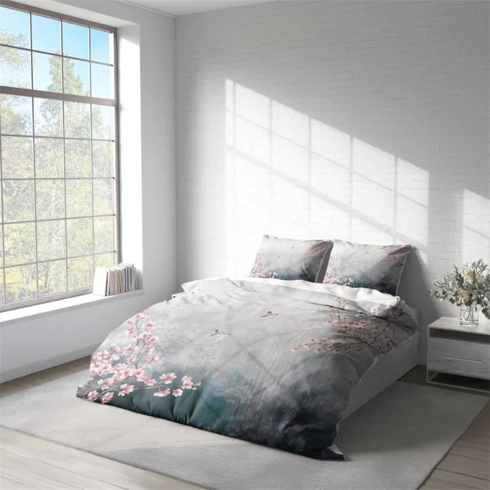Комплект пододеяльников с наволочками и изображением японской вишни и воробья, серый, розовый, цветочный стеганый чехол, напечатанный, односпальный, двуспальный, двуспальный, размер «king-size» (США)