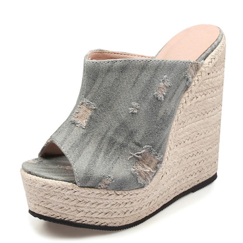 Liyke Summer Blue Denim Women Wedge Heels Platform Slippers Fashion Peep Toe Super High Mules Slides Shoes Ladies Sandals Casual