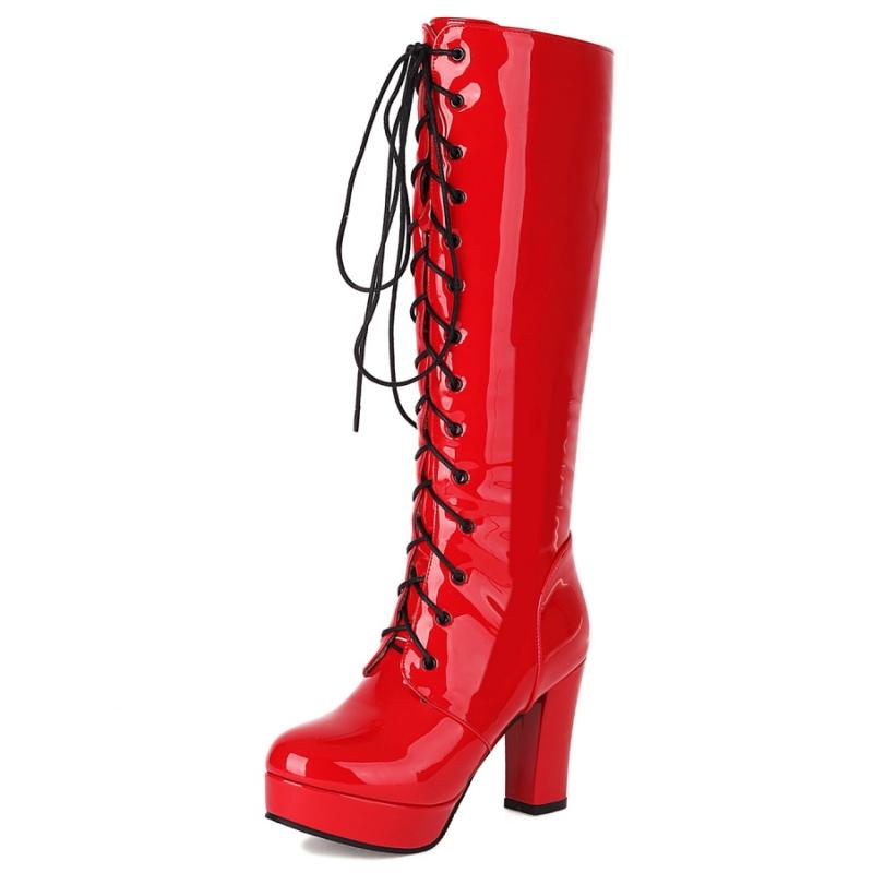 Red High Knee Boots Women Platform Sexy Luxury Gold Silver Blue Heels Women's Winter High Boot Party Shoes Ladies Large Size 46