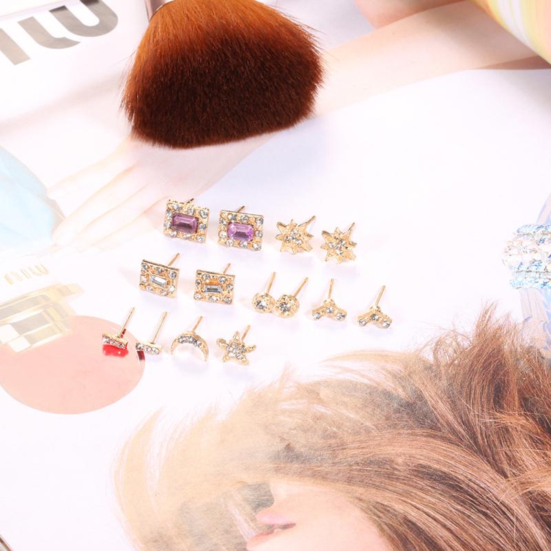 7 пар сережек-пусетов, нежные серьги с инкрустацией искусственными драгоценными камнями, элегантная квадратная форма в виде звезды и луны