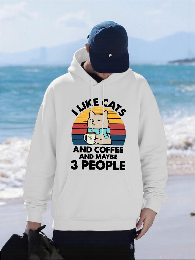 I Like Cats And Coffee 3 People Design Men Hoody Autumn Hip Hop Pullover All-Match Oversized Hoodie Fleece Pocket Sportswear