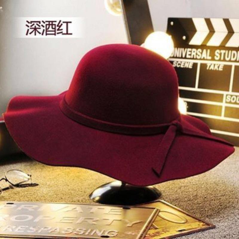 Autumn and winter wavy edge bow strap woolen hat basin hat retro casual versatile temperament top hat woman