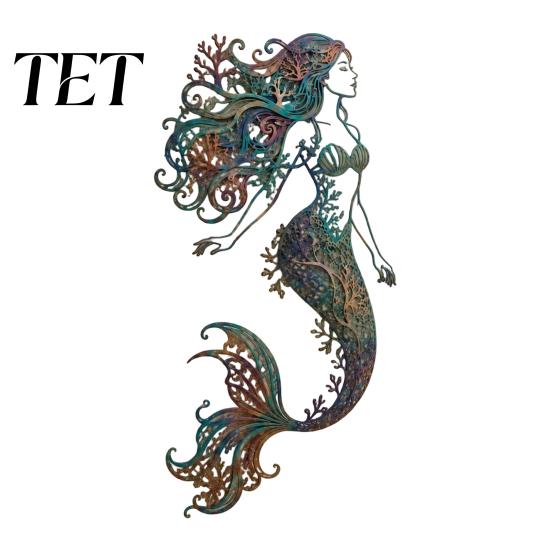 Metal Mermaid Wall Art Decoration, Three-dimensional Hollow Iron Decorative Figures Sculpture, Retro Ocean Style Hanging Swimming Pool Area