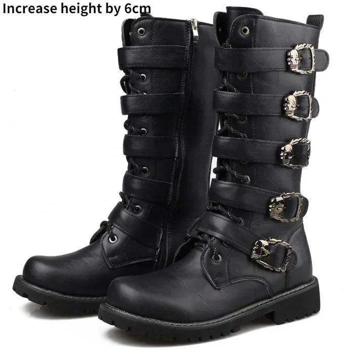 Fashion Large Size Men's Leather Motorcycle Boots Mid-calf Combat Boots Gothic Belt Punk Boots Men Shoes Tactical Boot 2025