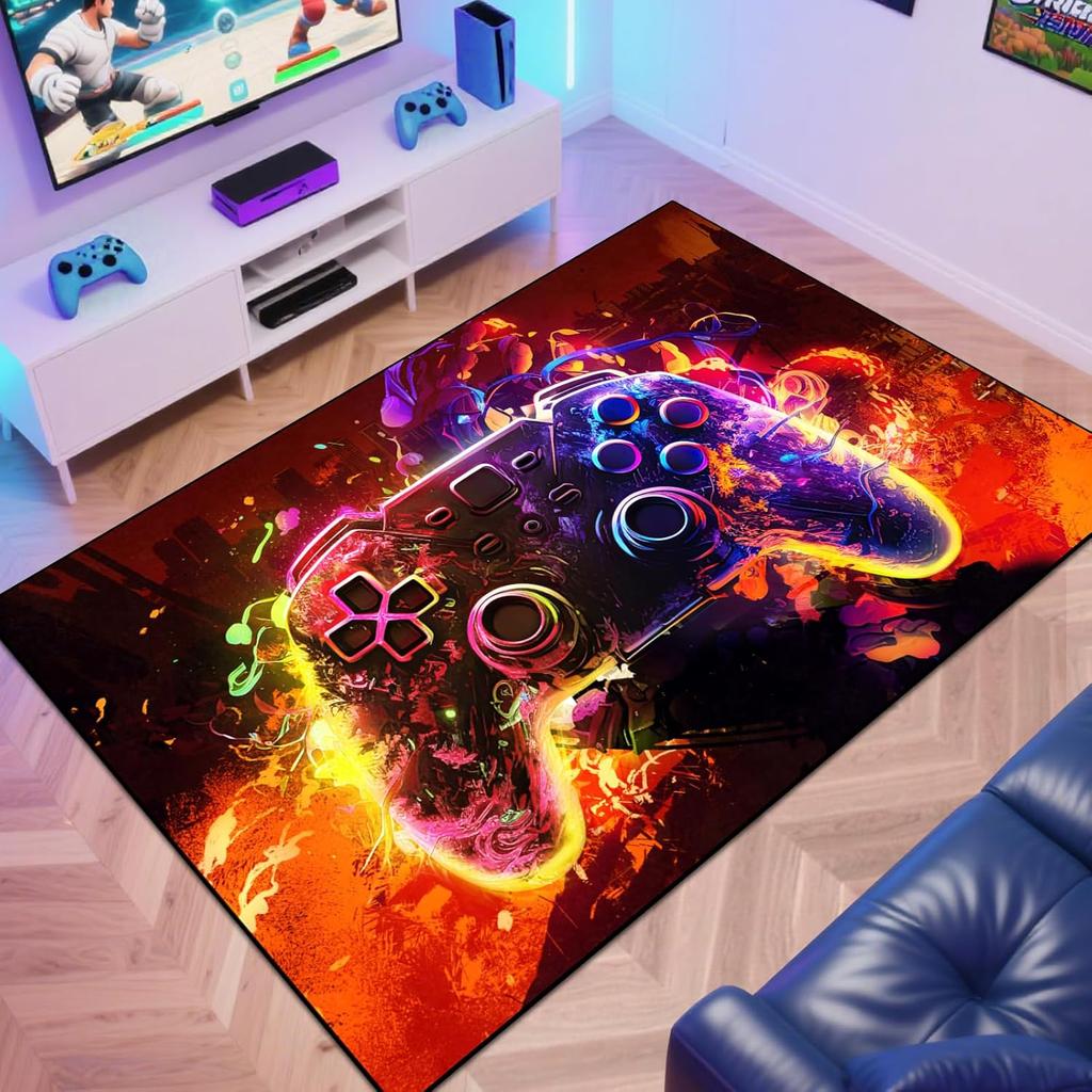 Gaming Area Rug Teen Boys Carpet, Colorful Gamepad Background Game Controller Design for Game Room Bedroom Playroom, Living Room