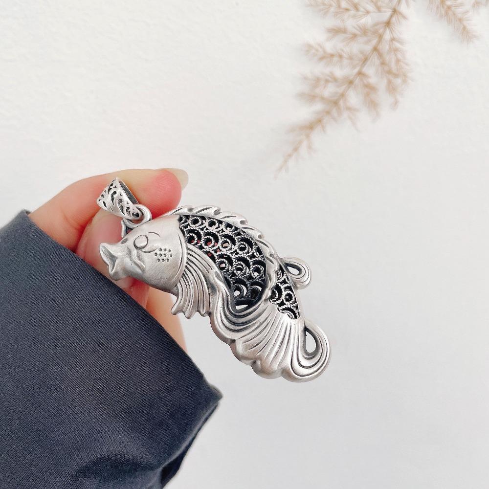 JMXD-Ретро этнический стиль женский свитер цепочка кулон из стерлингового серебра, филигранная полая рыба классическая гладкая поверхность старый кулон