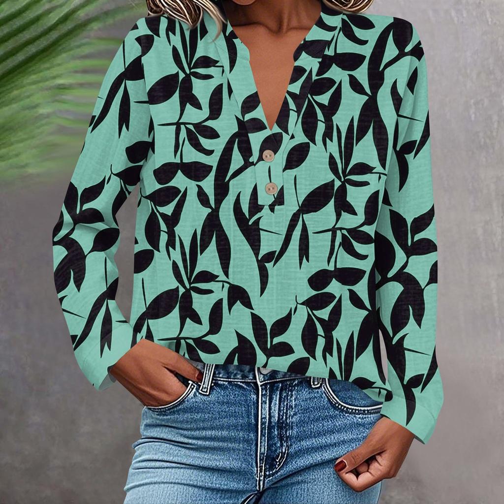 Женская модная и повседневная рубашка с длинным рукавом, V-образным вырезом, на пуговицах, с принтом, блузка, топ
