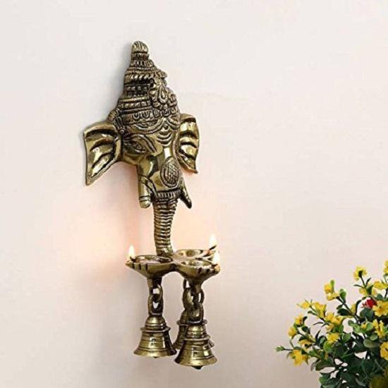 Ganesh Deepak with Bell Brass Wall Hanging (11 Cm X 8 Cm X 24 Cm, Brown)