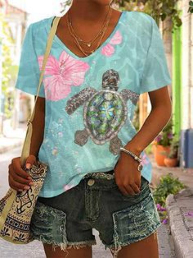 Women Fashion V Neck Short Sleeve Floral 3d Print T Shirt Summer Comfortable Sportwear Tops