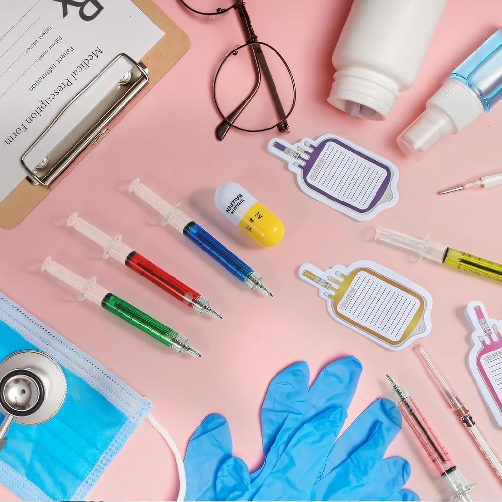48 Pieces Fun Nurse Pens Set 12 Pcs Syringe Pens 12 Pcs Pill Pens 24 Pcs Blood Bag Sticky Notes Retractable Novelty Ballpoint Pen Cute Ballpoint Pens