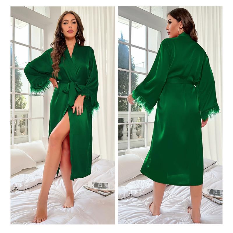 Модная женская пижама из сатина с длинными рукавами, отделкой из перьев и материалом Ice Silk