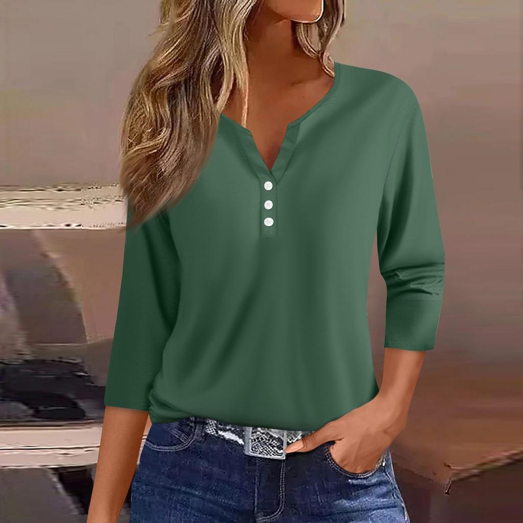 Жен. Футболка Футболка С принтом Пуговицы Рукав 3/4 Повседневные Выходные Мода Классический Классический V-образный вырез Обычный Верх