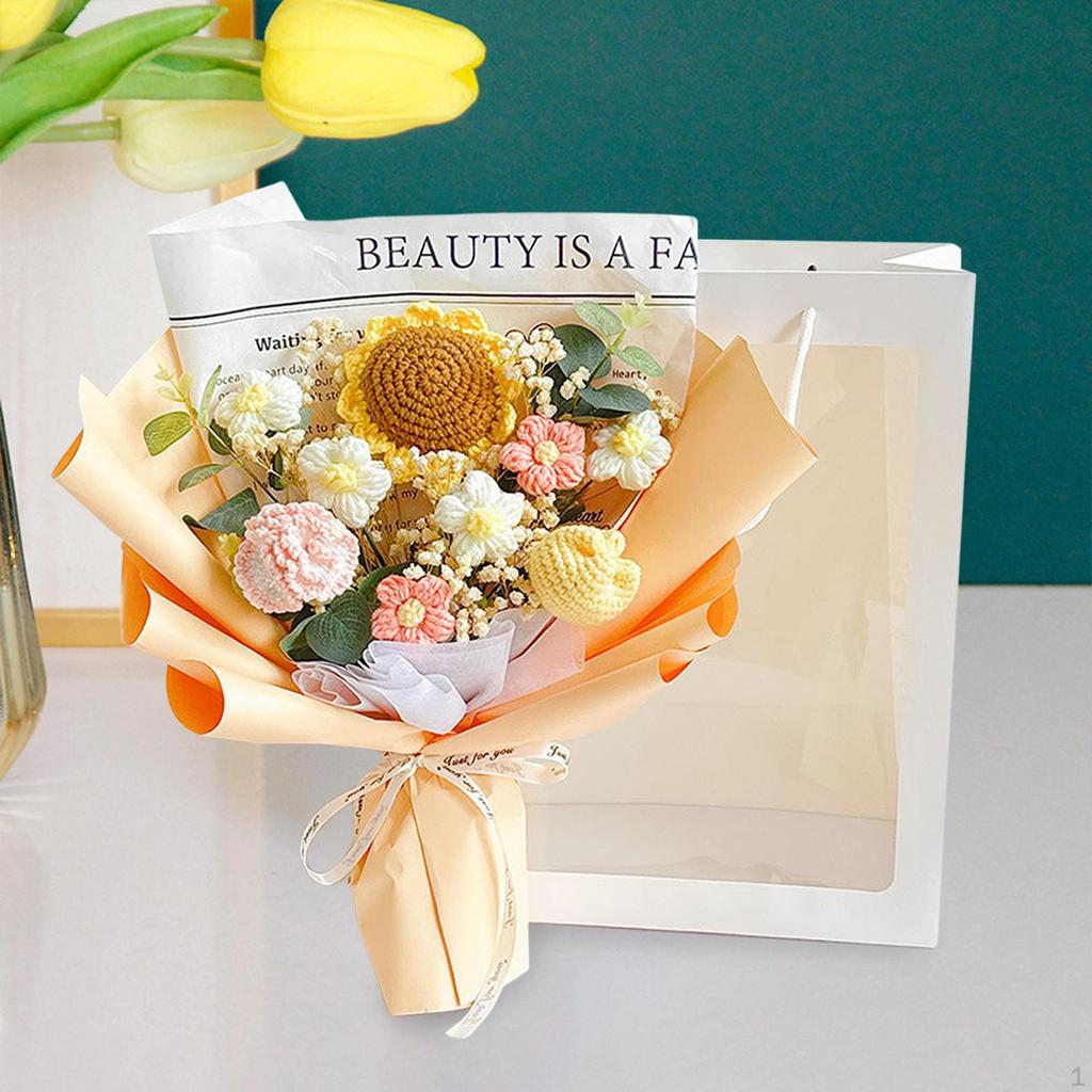 Completed Crochet Flowers Bouquet Artificial Knitting Daisy Elegant for Mother Day,